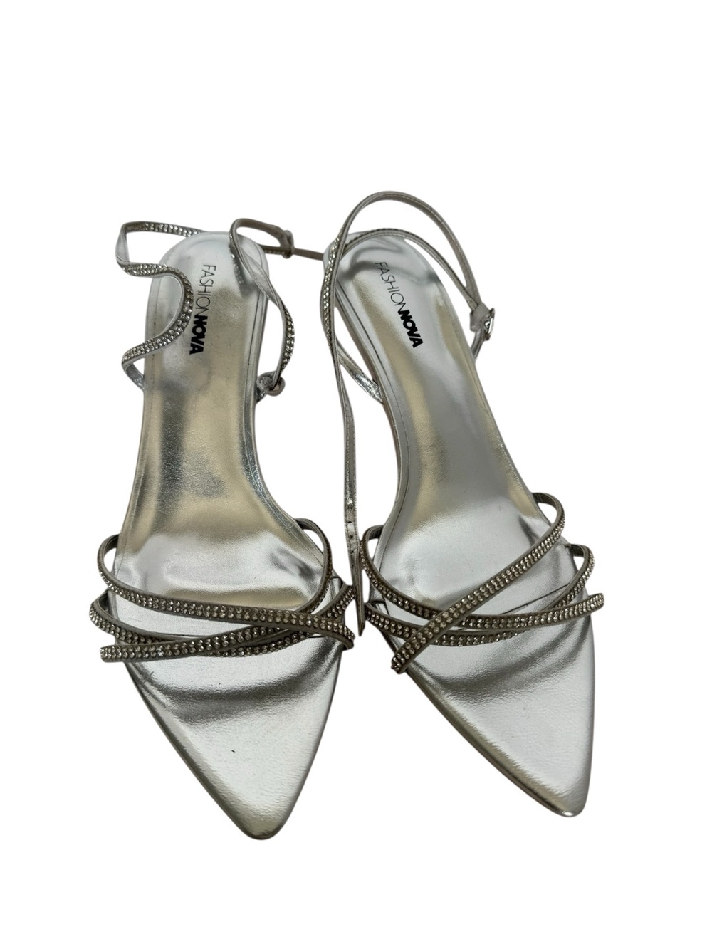 FashionNova Silver Rhinestone Strappy Heel Sandal Size 10  Envy 3.5 Heel Sparkle